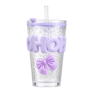 Korean-Style Bow Glass Tumbler with Straw & Lid