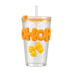 Korean-Style Bow Glass Tumbler with Straw & Lid (Yellow)