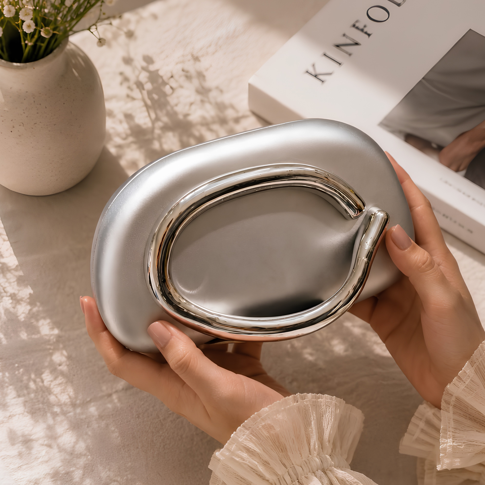 Chic Metal Handle Clutch Bag (Silver)