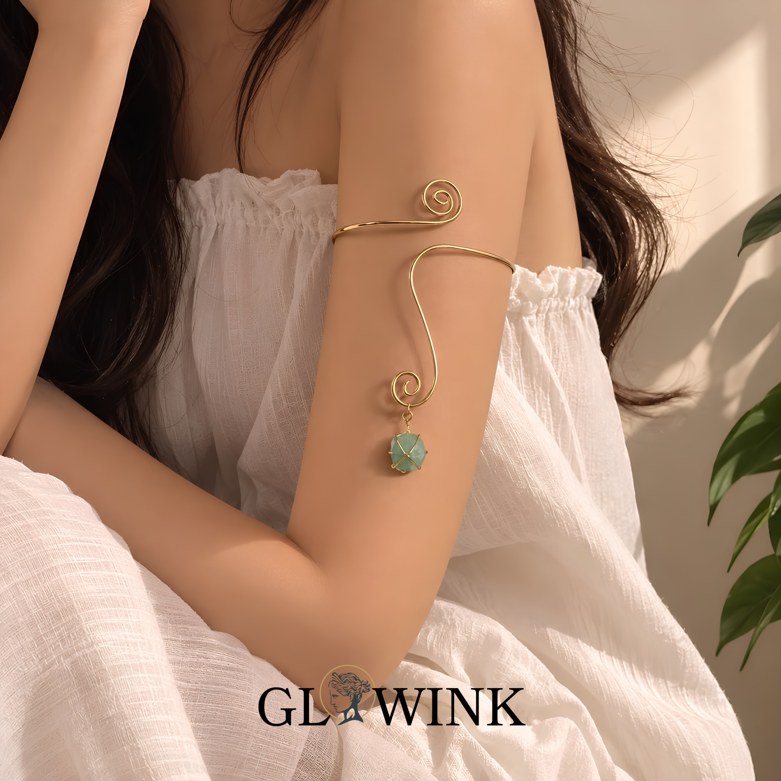 Minimalist Metal Arm Cuff Bracelet (Green Stone)